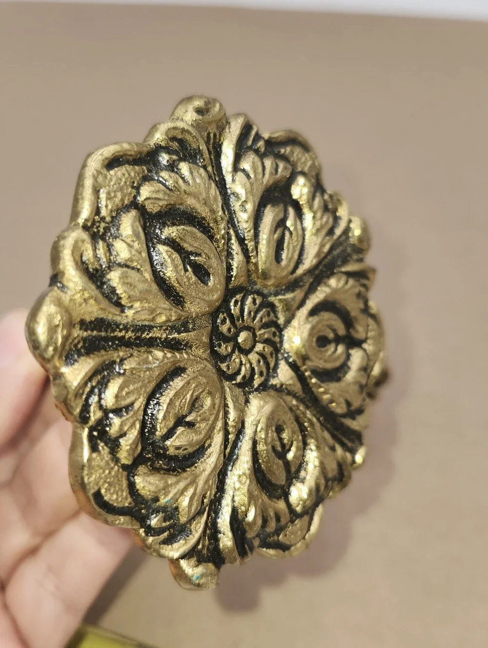 2 vintage antique brass metal gold curtain tie back flower medallion